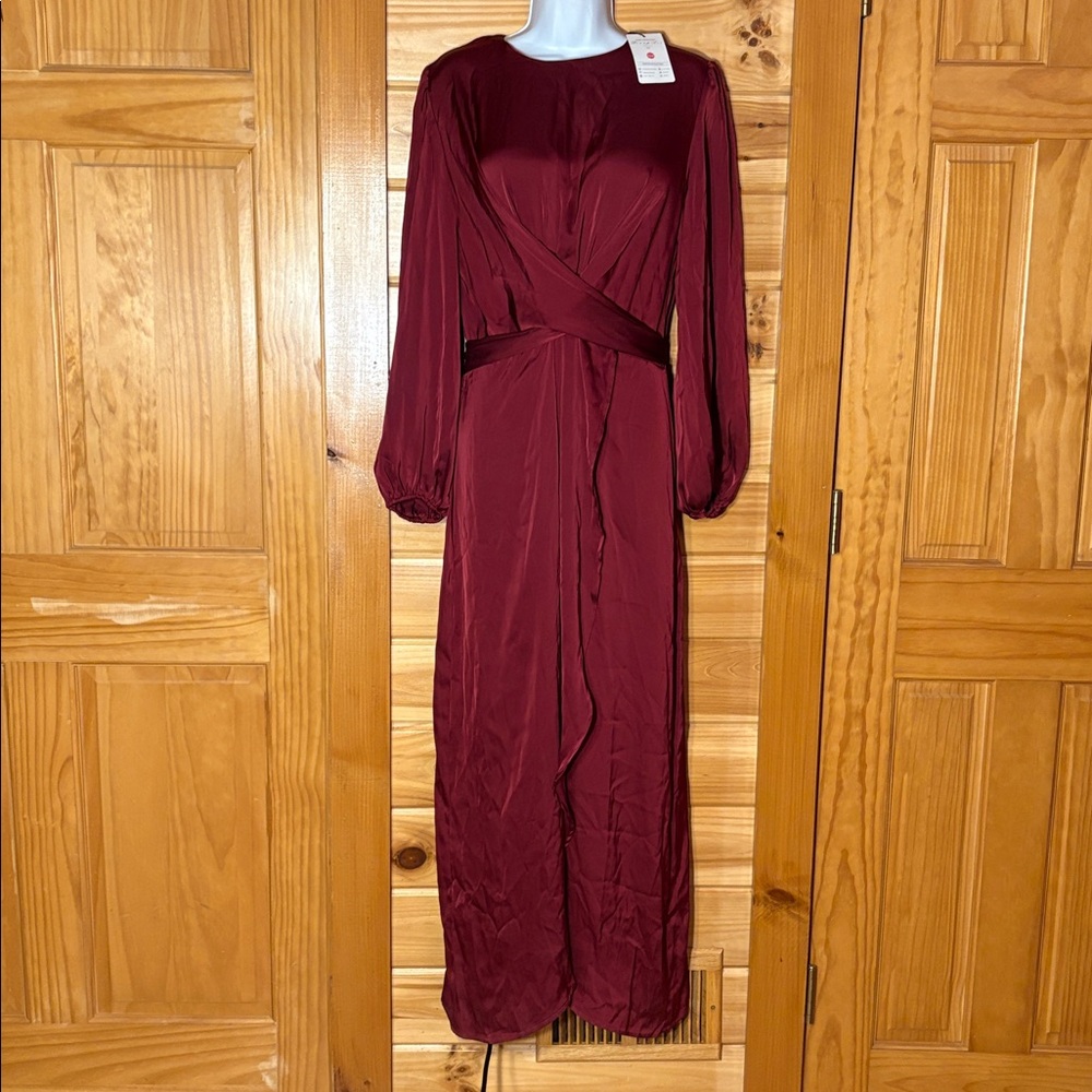 NWT Silk Pin Up Art Burgundy Sexy Wrap Formal Cocktail Maxi Dress Size Large - Picture 2 of 14